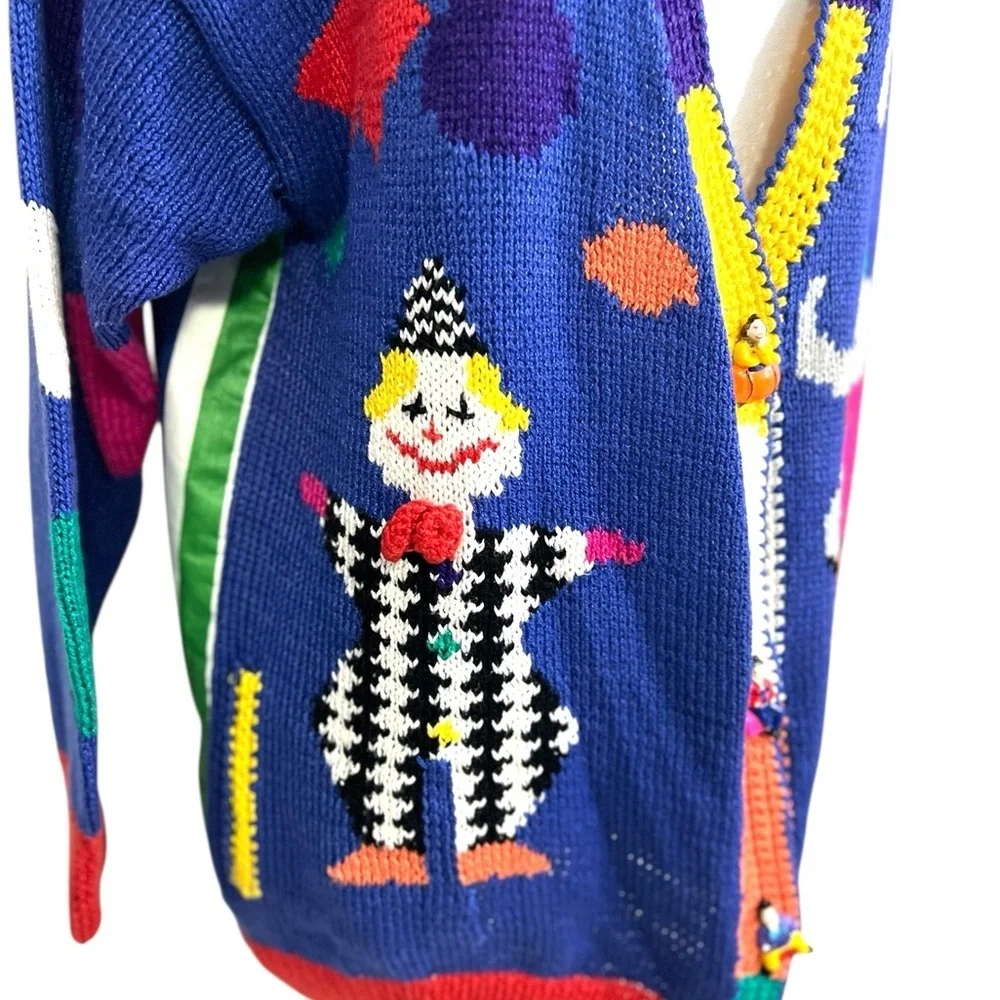 Vintage Circus Cardigan Cotton Tent Striped Clown Elephant Hand Knit Lined - Picture 9 of 14